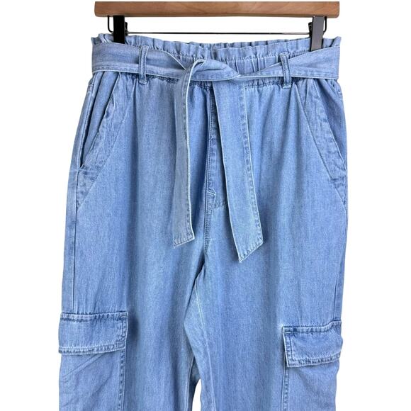 TGLA Light Wash Chambray Blue High Paperbag Waist Belted Cargo Pocket Joggers - Picture 3 of 10